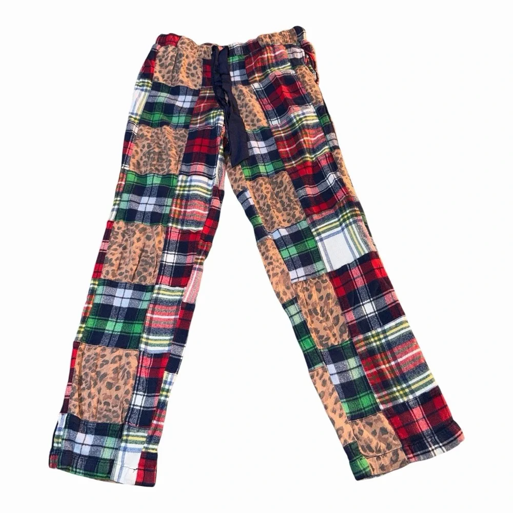 Aerie Pajama Pants XS  Patchwork Plaid Leopard Print Multi Color Loungewear